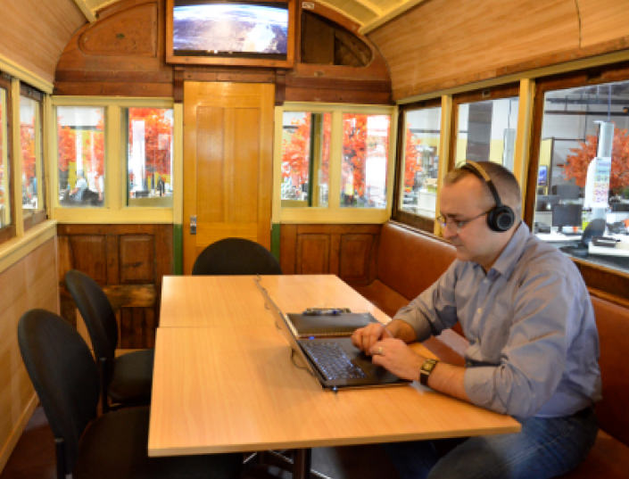 Business owner having a virtual meeting in our Tram Meeting Space